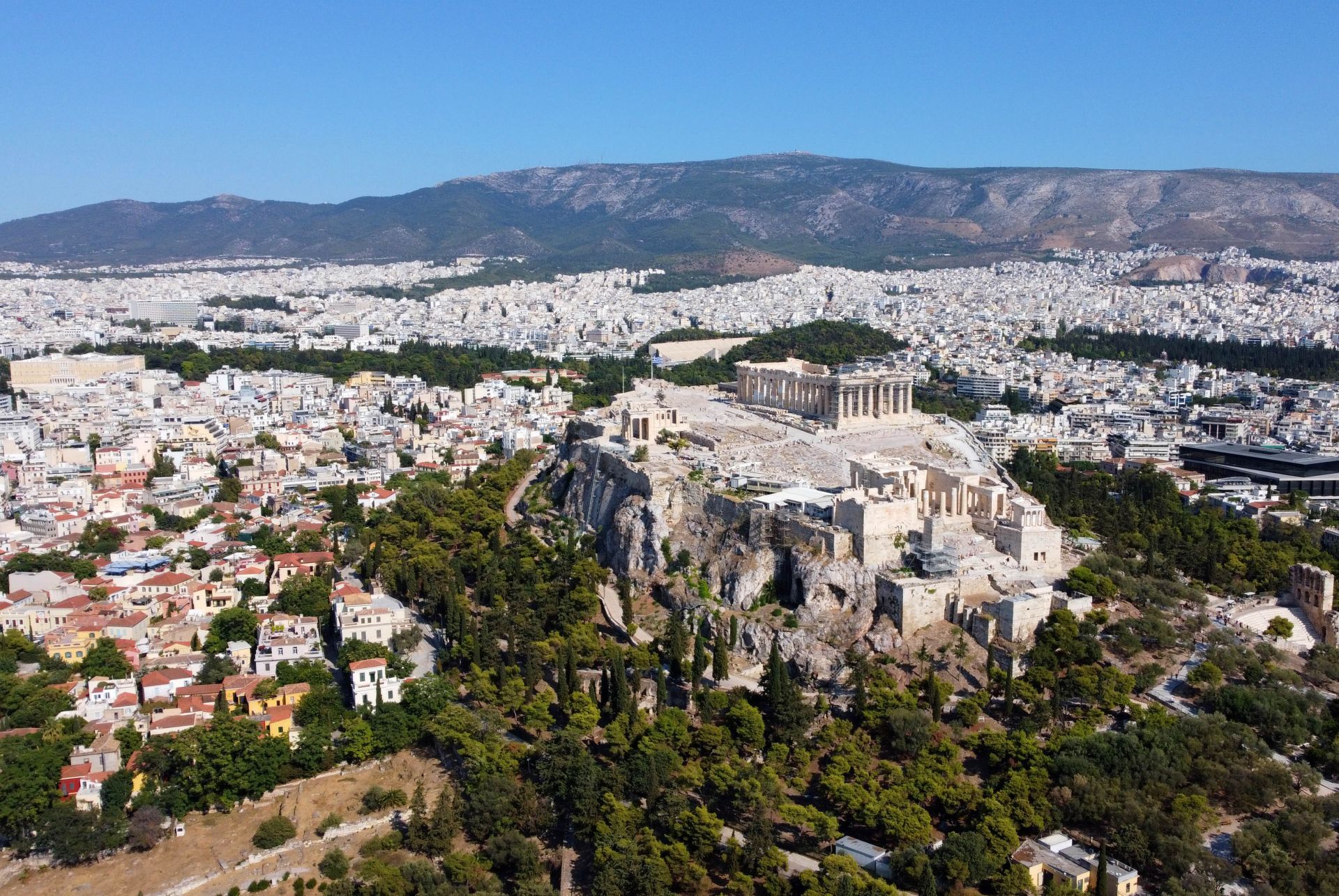View from Monastiraki: Plaka and the Acropolis of Athens, Greece