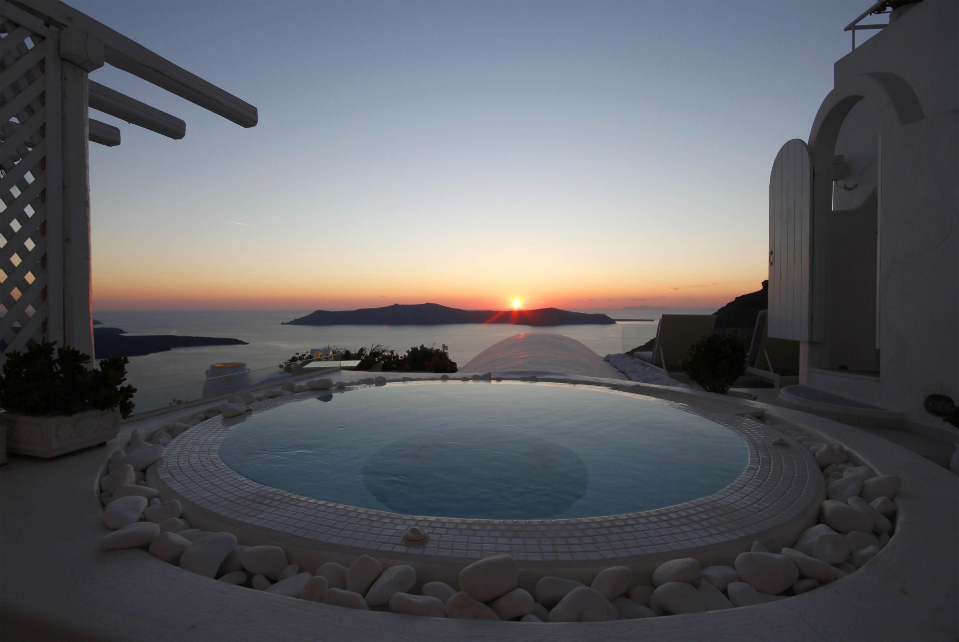Sunset from a beautiful hotels in Santorini, Greece