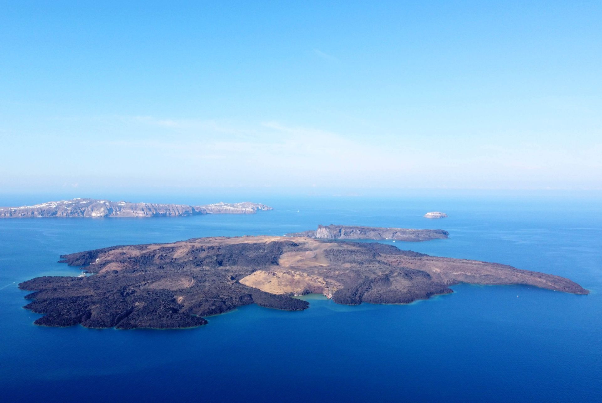 Aerial view of the active volcano of Santorini Greece